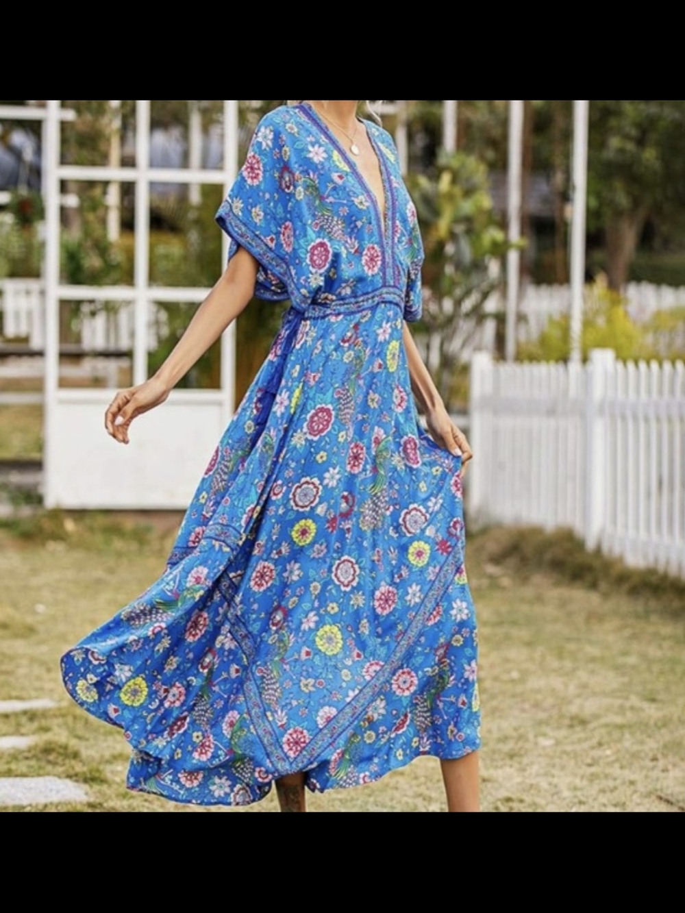 R Vivimos Blue DeepV Maxi Dress with Cinched Waist And Tassel Detail Size M